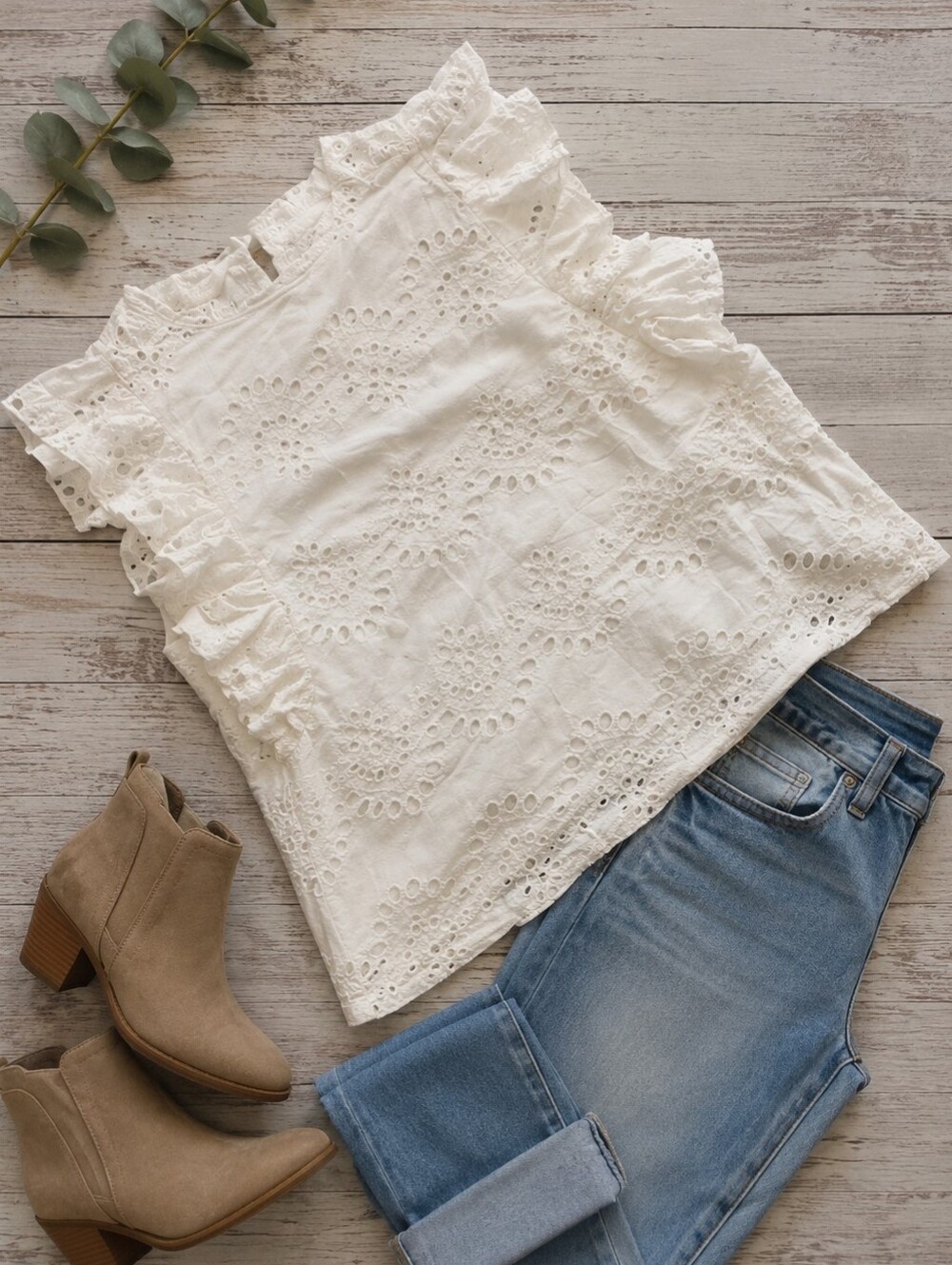 ADIVA EYELET ROMANTIC RUFFLE SLEEVE TOP GARDEN GIRL